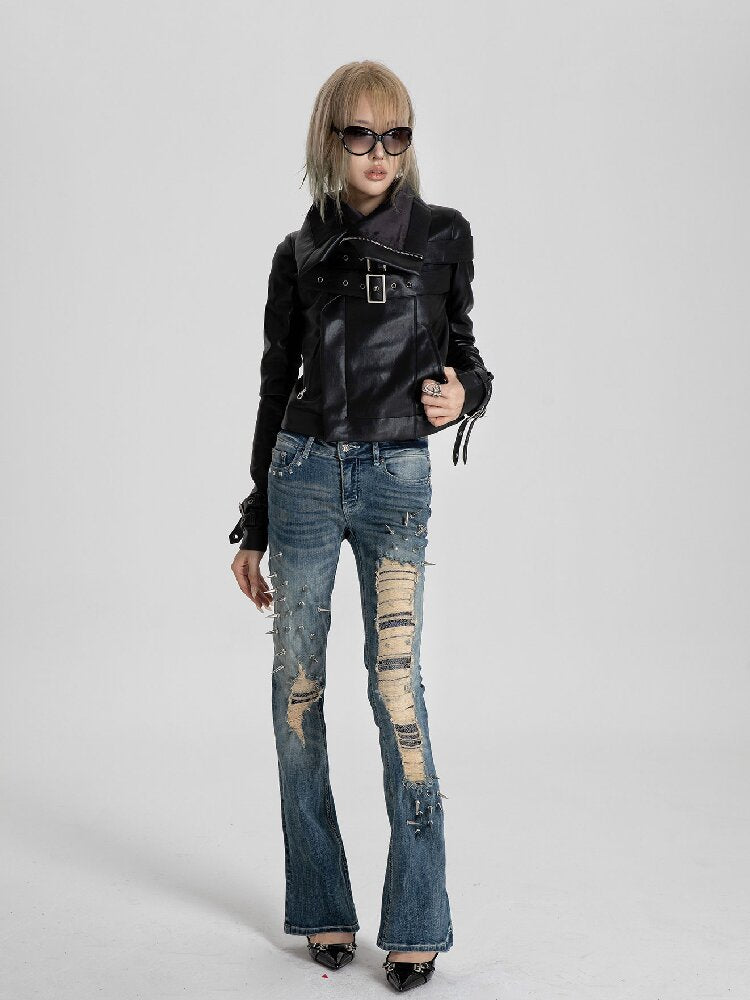 Spiked Snake Print Ripped Jeans【s0000018560】