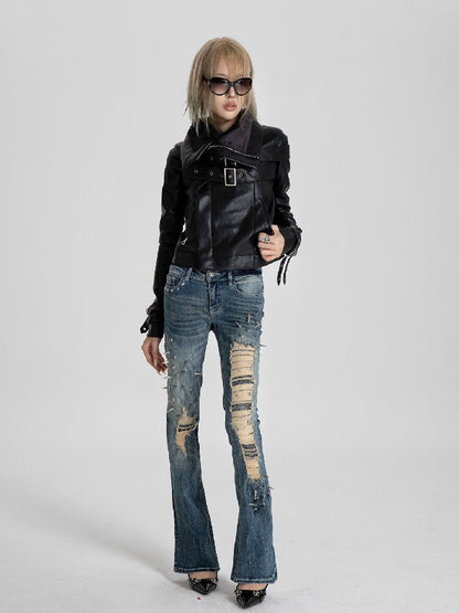 Spiked Snake Print Ripped Jeans【s0000018560】