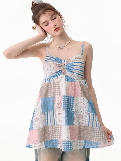 Color-Blocked Floral Plaid Tank Top【s0000017674】