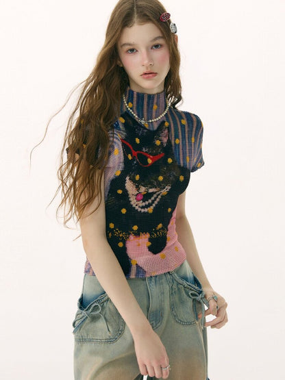 Polka Dot Cat Pleated T-Shirt【s0000016853】