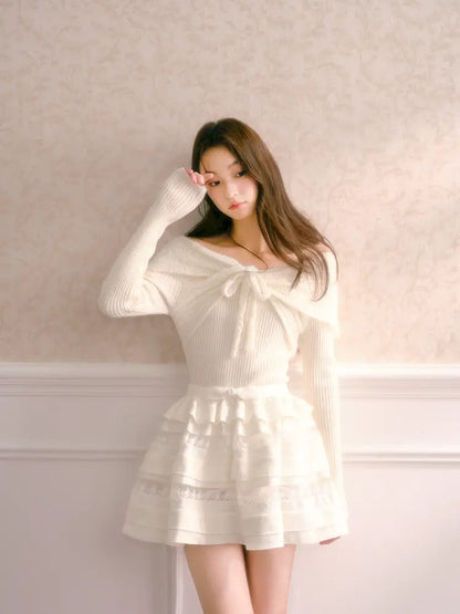 Bow-Tie Slim-Fit Long-Sleeve Knit Top【s0000014339】