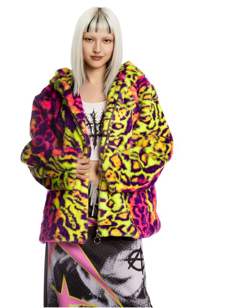 Fluorescent Neon Leopard Print Fur Hooded Jacket【s0000014912】