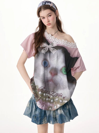 Lace Patchwork Cat Print Loose T【s0000017316】