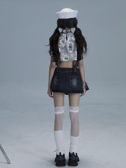 Washable gal niche denim bib culottes【s0000013490】