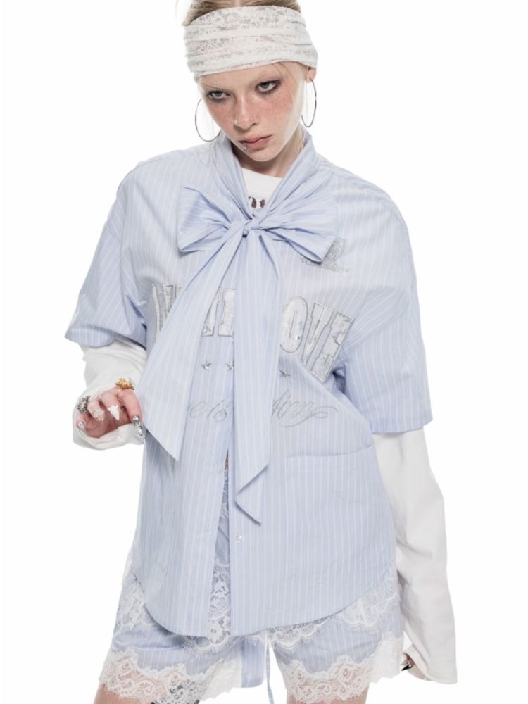 Bow Tie Ballgown Striped Short Sleeve Shirt【s0000009707】