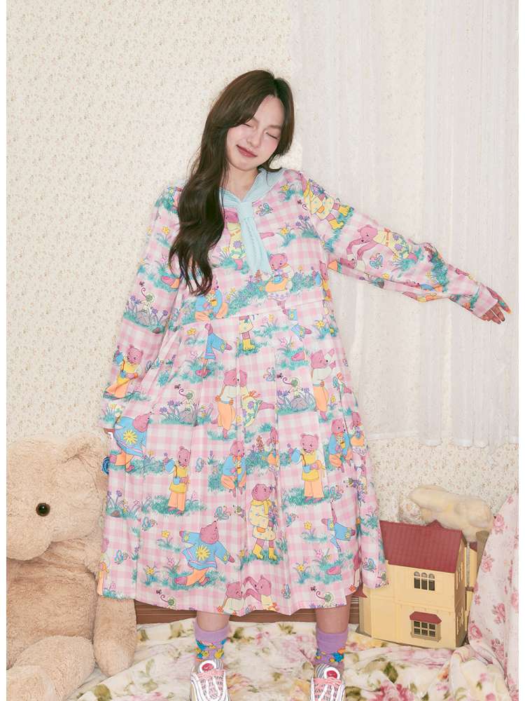 Pink Bear Illustration Print Dress【s0000014496】