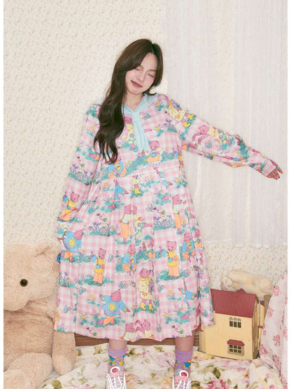 Pink Bear Illustration Print Dress【s0000014496】