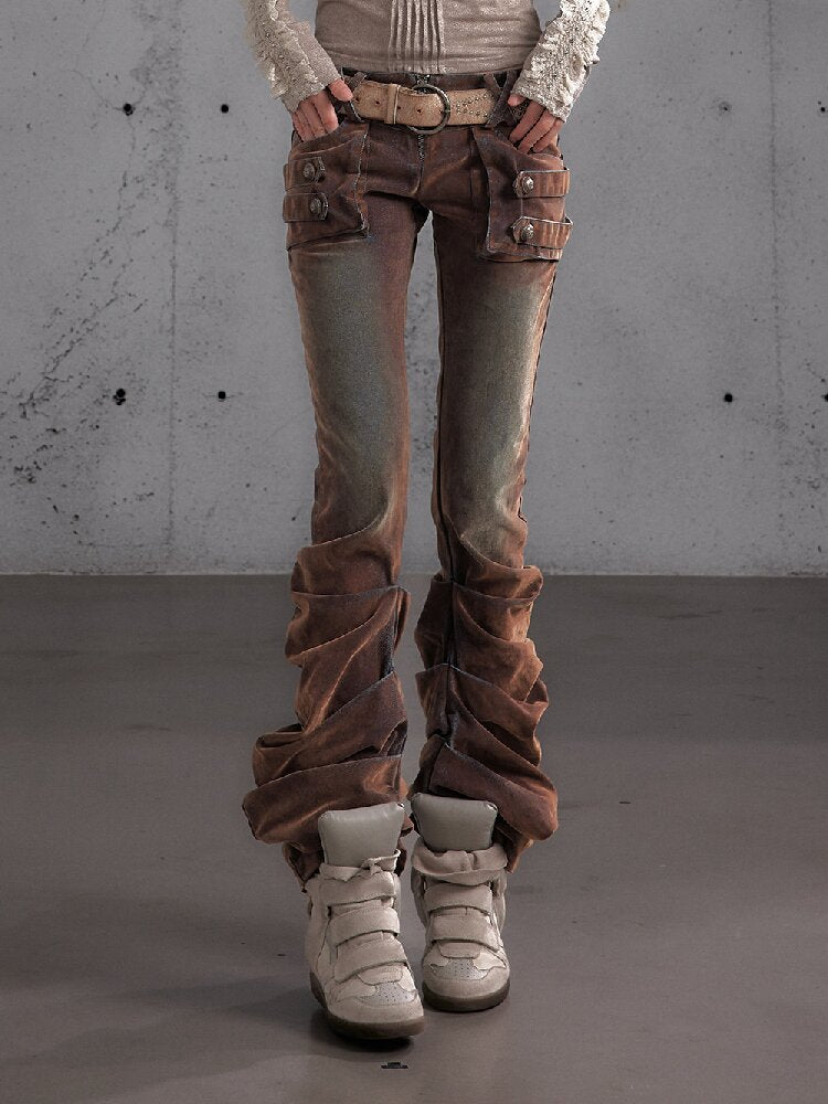 Distressed Pleated Low Rise Jeans【s0000019152】