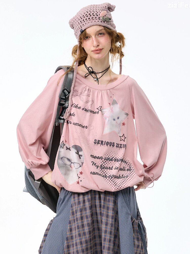 Lantern Sleeve Cat Print T-Shirt【s0000017878】