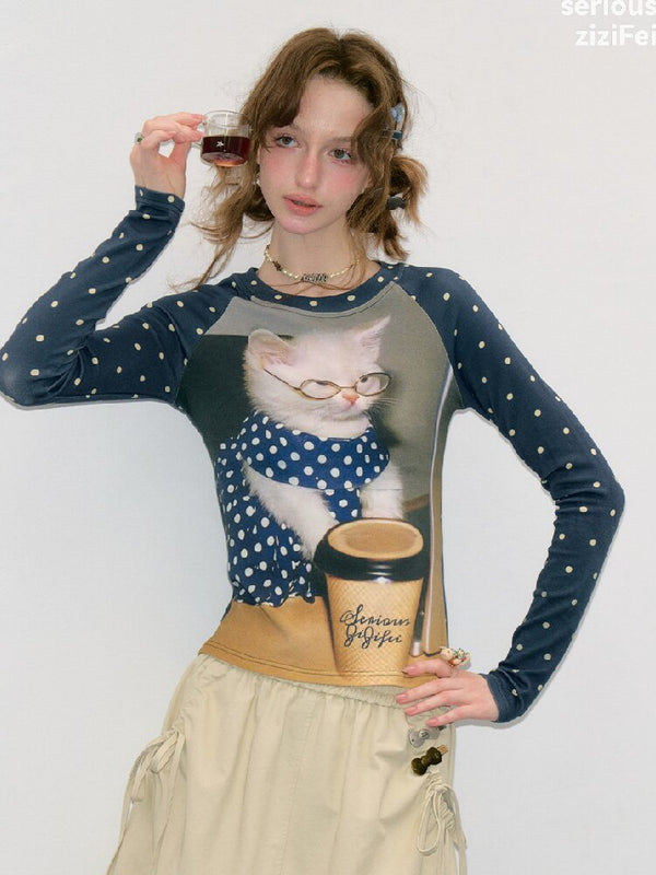 Navy Polka Dot Cat Print Shirt【s0000017894】