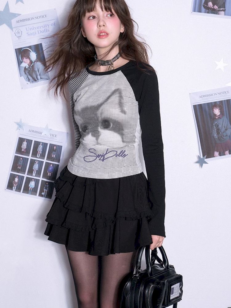 Long Sleeve Polka Dot Cat Printed T-Shirt【s0000011665】