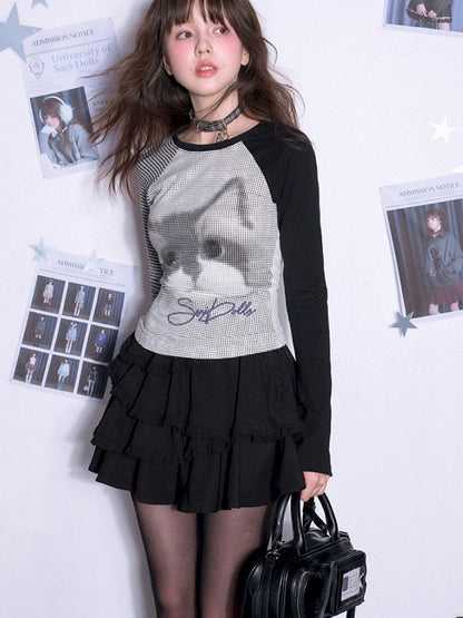 Long Sleeve Polka Dot Cat Printed T-Shirt【s0000011665】