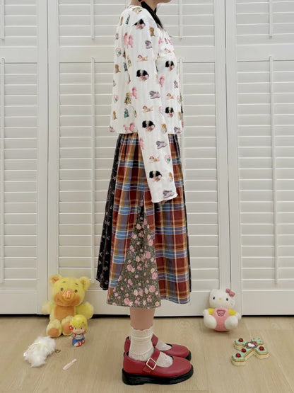 Plaid Floral Patchwork Pleated Skirt 【s0000013972】