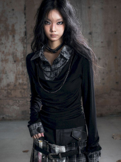 Plaid Tie-Dye Black Swing Neck Long Sleeve Blouse【s0000013887】