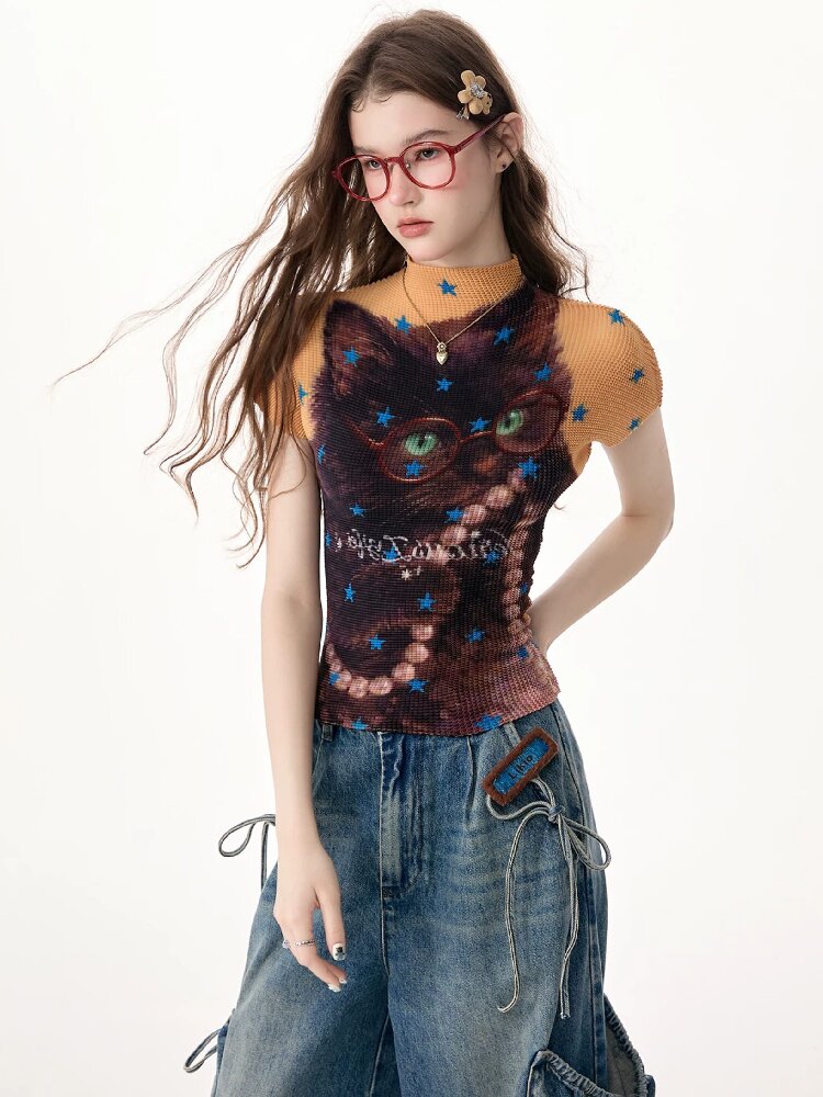 Star Cat Print Pleated T Shirt【s0000017314】