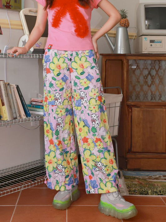 Pink floral print drawstring casual pants【s0000012821】