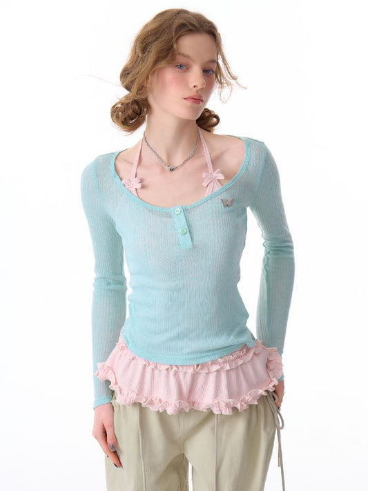 Trim jersey semi-sheer long-sleeved T-shirt 【s0000011676】