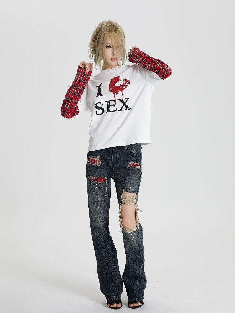 Red Plaid Patchwork Long T-Shirt【s0000018566】