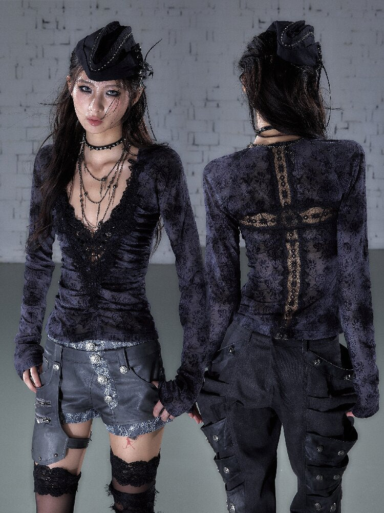 Crochet Flocked Lace Slim Shirt【s0000015934】