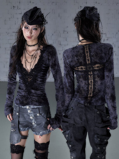 Crochet Flocked Lace Slim Shirt【s0000015934】