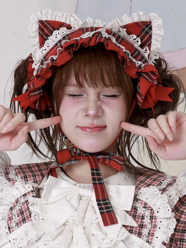 Red Plaid Cute Cat Ear Headband【s0000014106】