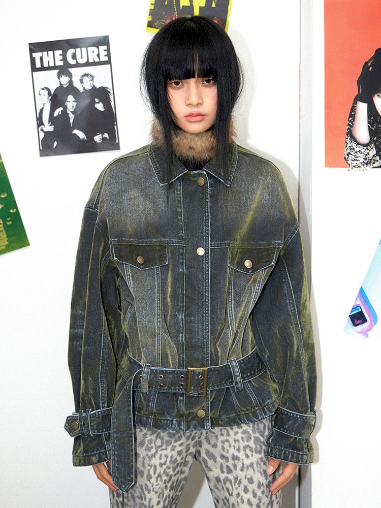 Loose Green Flocked Denim Jacket【s0000011638】