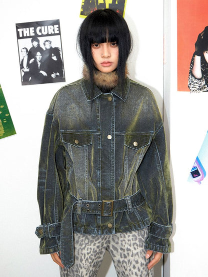 Loose Green Flocked Denim Jacket【s0000011638】