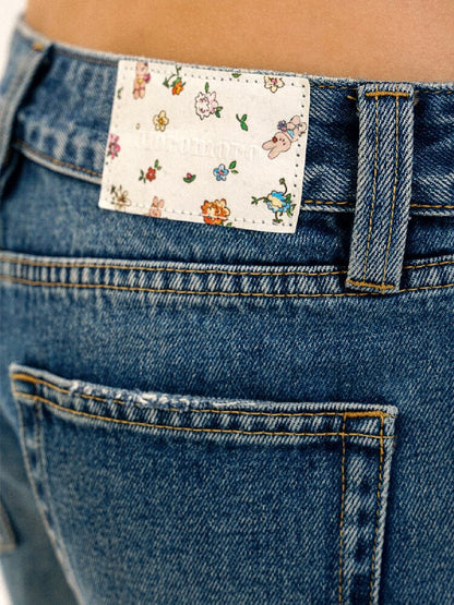 Floral Leather Straight Jeans【s0000017445】