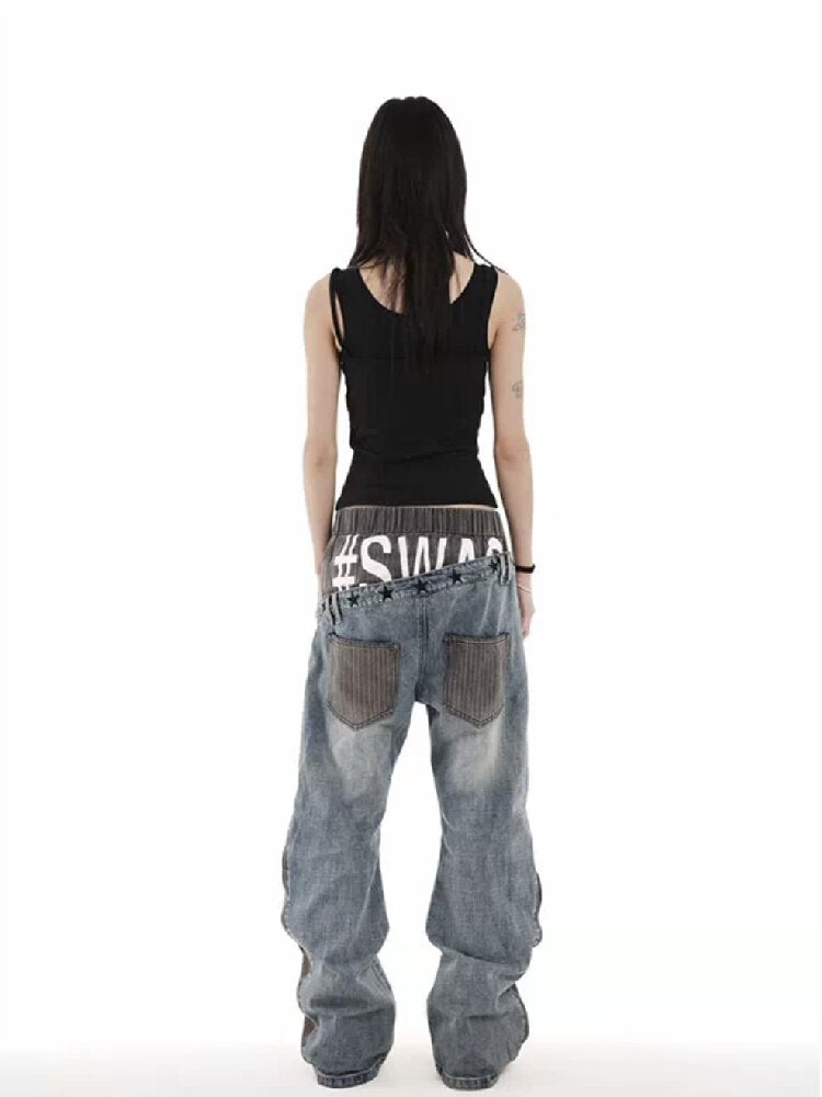 Double Waist Embroidered Baggy Jeans【s0000018246】