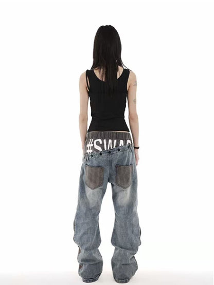 Double Waist Embroidered Baggy Jeans【s0000018246】