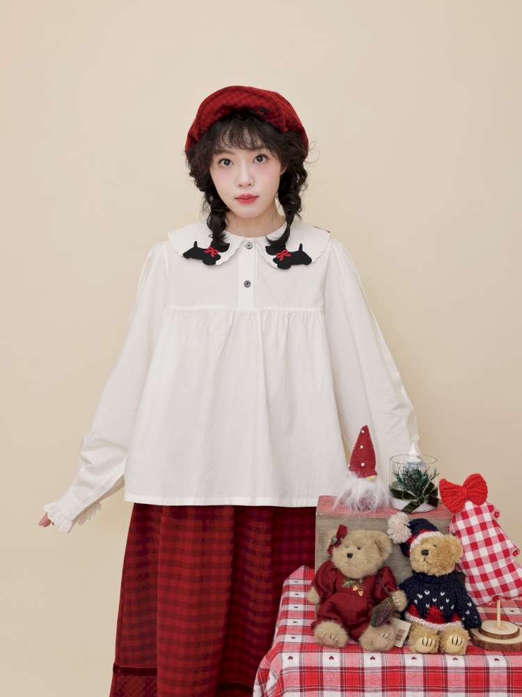 Puppy Bow Embroidery Lace Shirt【s0000015099】