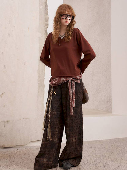 Textured straight leg loose plaid trousers【s0000014384】