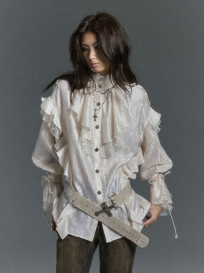 Patchwork Pearlescent Ruffled Stand Collar Shirt【s0000019242】