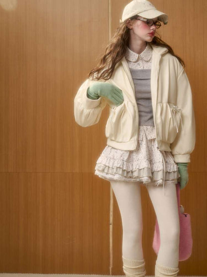 Cream Leather Doll Collar Leather Jacket【s0000014885】