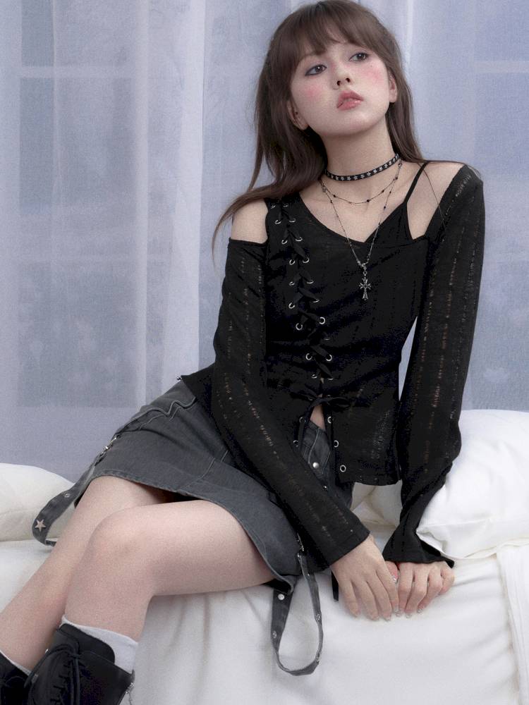 Openwork Knit Faux Two-Piece Top【s0000014368】