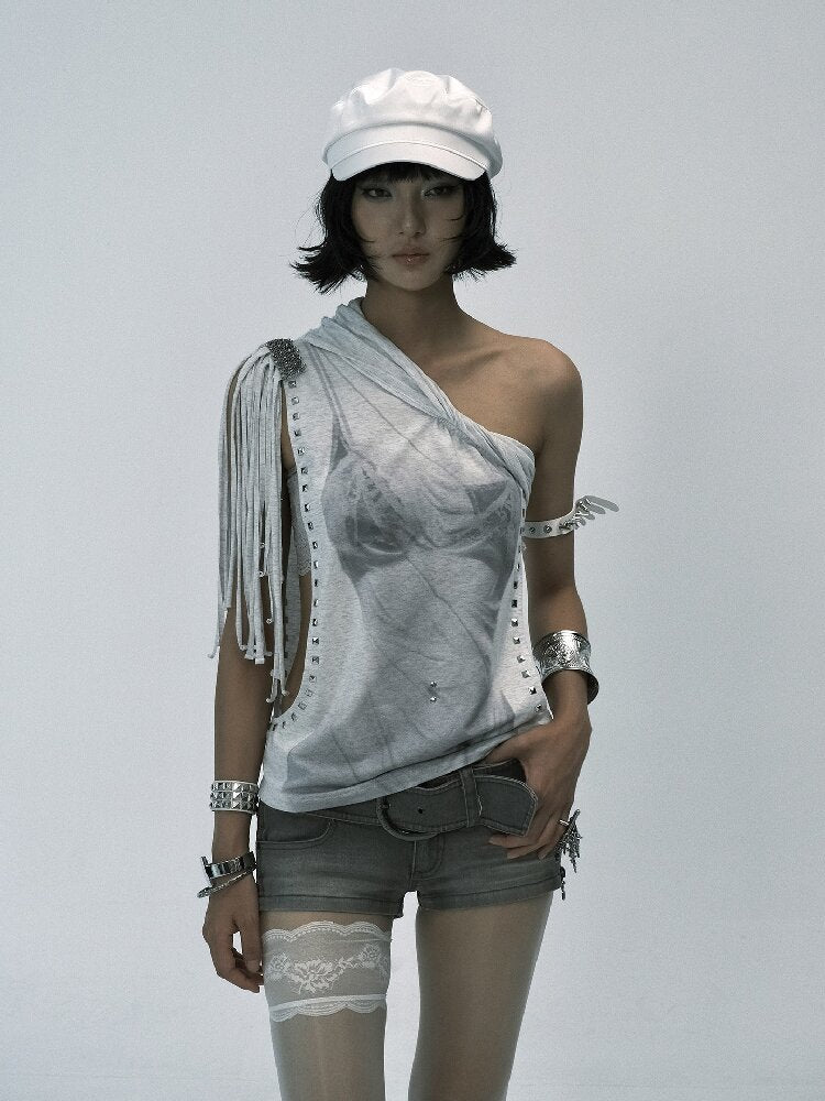 Asymmetrical Collar Fringe Print Set【s0000018475】