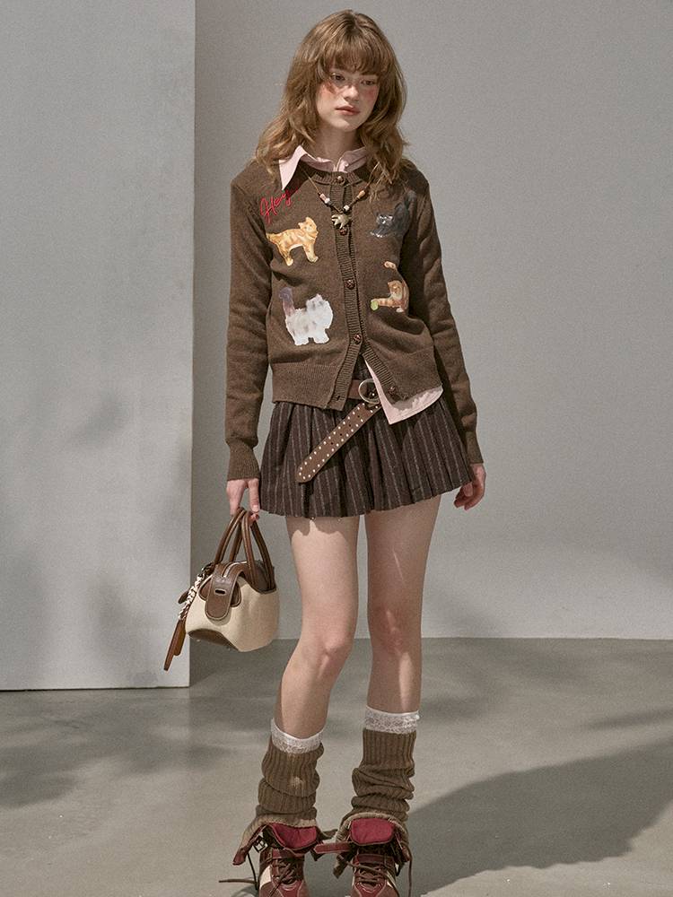 Playful Kitten Print Knit Cardigan【s0000014395】