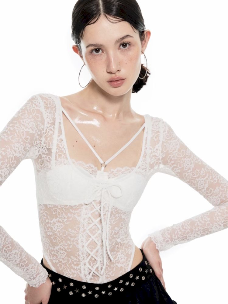 Lace Tie Long Sleeve Bodysuit【s0000009705】