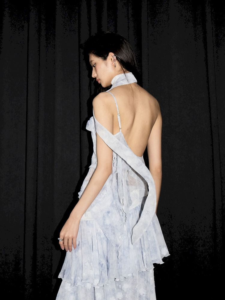 Aqua Blue Irregular Halter Dress【s0000013211】