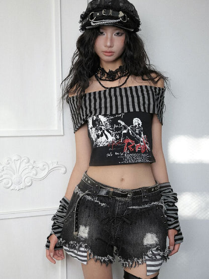 Off Shoulder Punk Printed T Shirt Set【s0000018177】