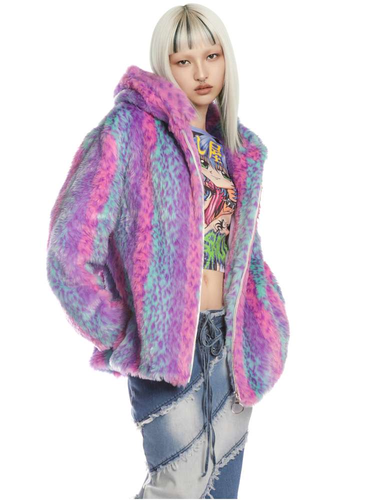 Colorful Leopard Print Plush Fur Hooded Jacket【s0000014908】