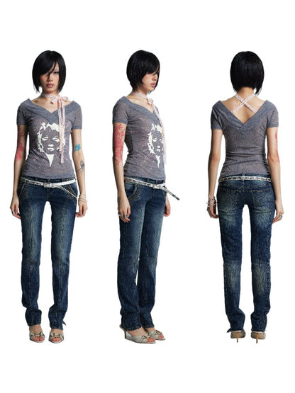 Thin Slim Large V Neck One Shoulder T【s0000017009】