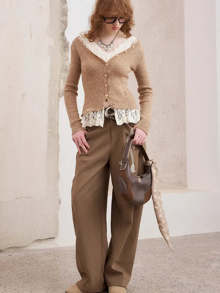 Slim-Fit V-Neck Off-Shoulder Knit Cardigan【s0000014061】