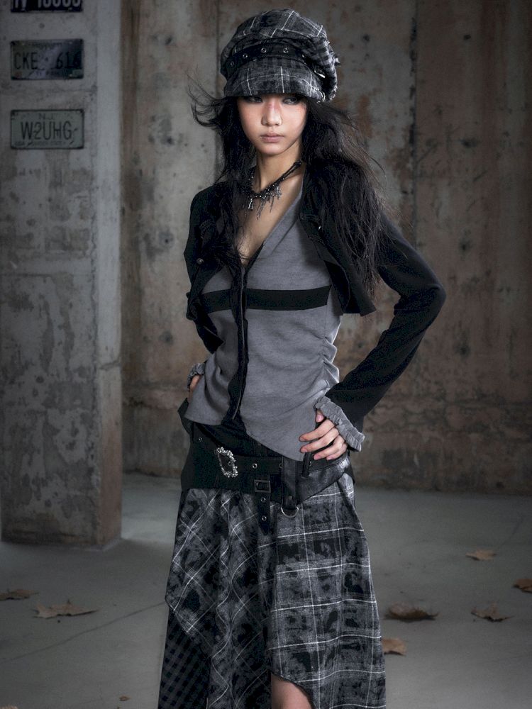 Hooded False Two Black Gray Knit Cardigan【s0000013890】