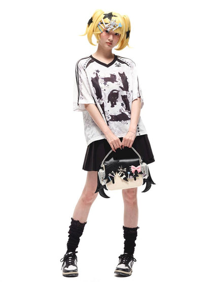 Black cat print shoulder sleeve t-shirt【s0000012586】