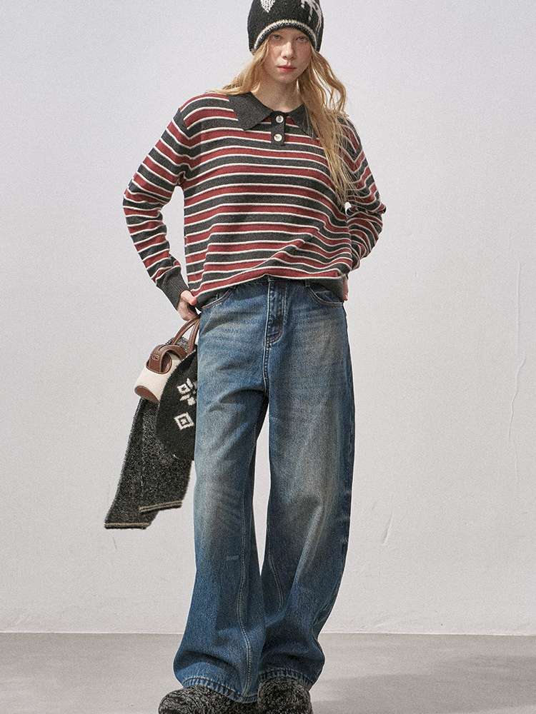 Cotton Wool Striped Polo Pullover【s0000015233】