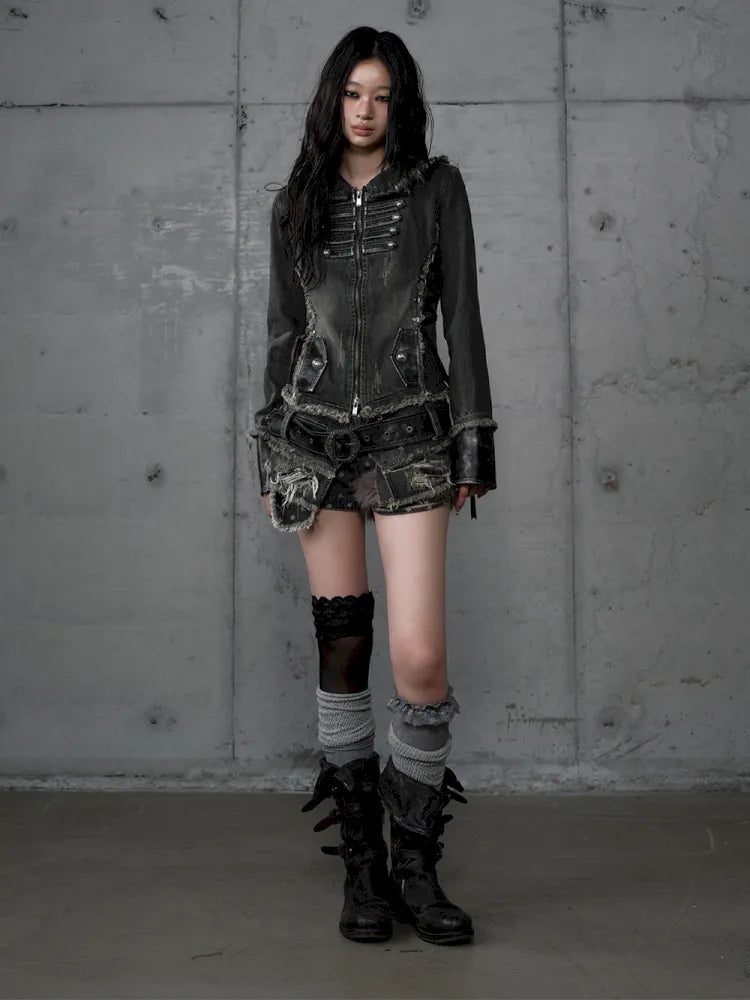 Denim Detachable Slim-Fit Hooded Jacket【s0000013951】