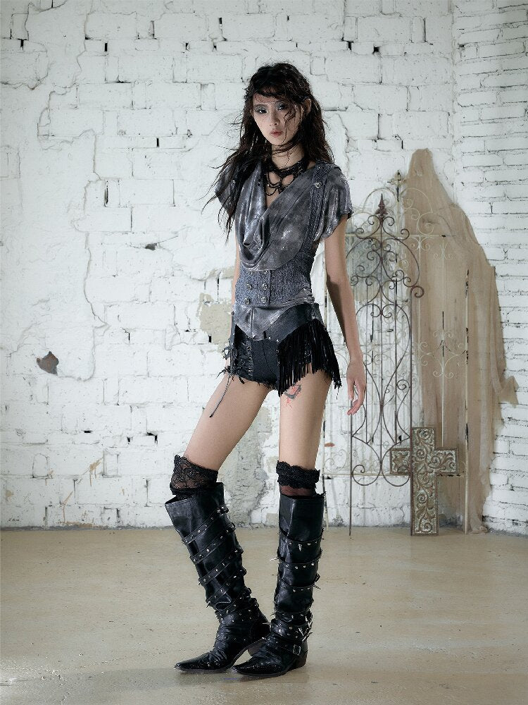 Chain Fringe Patchwork Denim Shorts【s0000016980】