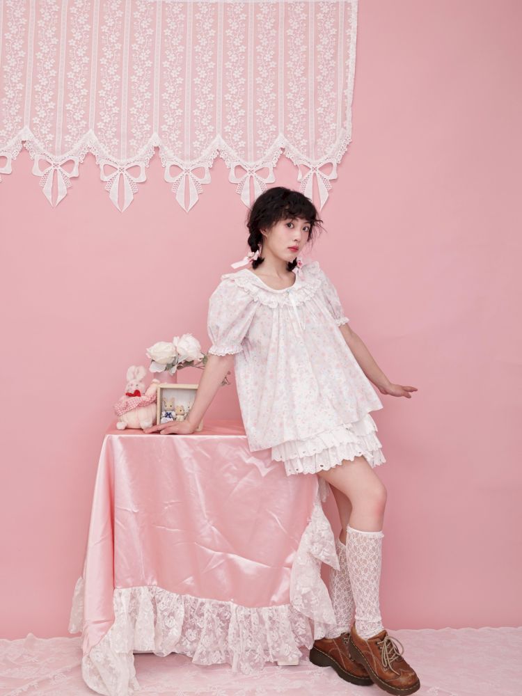 Rose pattern puff sleeve top【s0000012851】