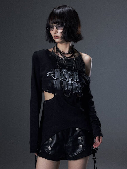 Punk Striped Halter Long-Sleeve T【s0000018003】